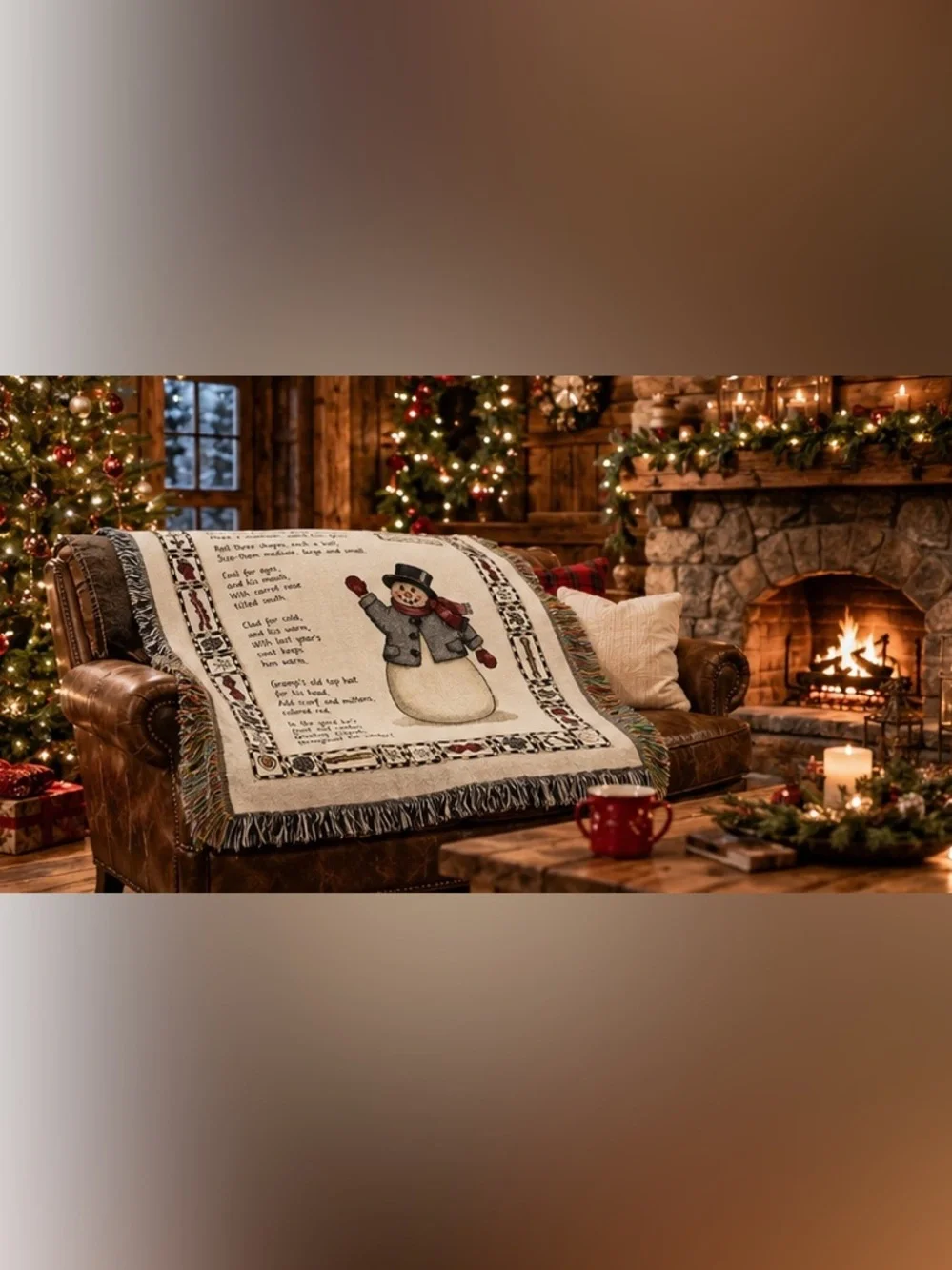 The Rug Barn Knit Jacquard Snowman Christmas Woven Throw Blanket Fringe 50x64